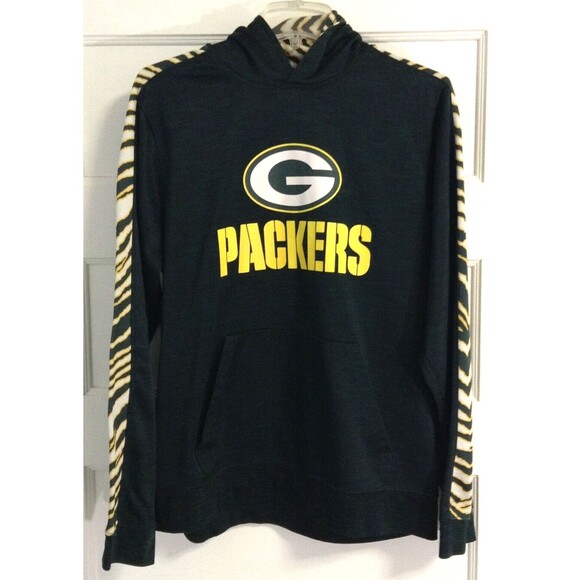 Green Bay Packers Hoodie Wn M Green Sweatshirt Spell Out Logo NFL Tiger Trim - Picture 1 of 8